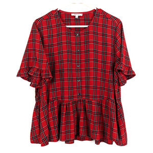 Madewell sz XL Studio Ruffle Hem Top in Clanton plaid red ss blouse 1114